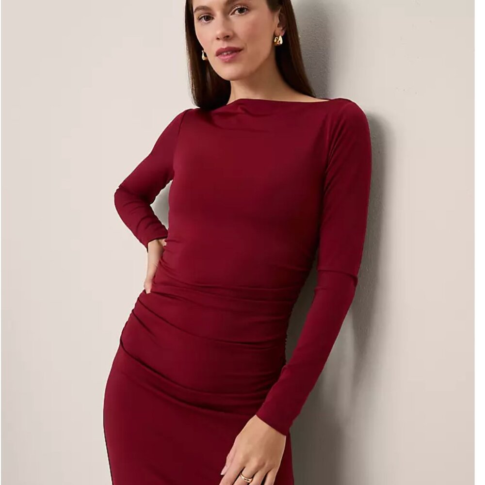 Ann Taylor Ruched Knit Midi Dress Size 10 NWT Maroon Red - Picture 10 of 10